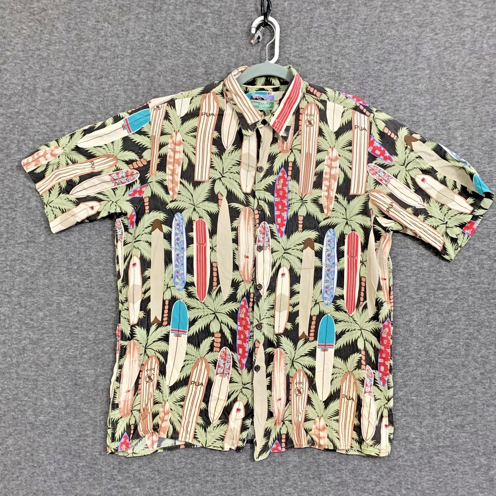 Reyn Spooner Men Shirt Aloha Hawaii Surfboard Palm Tree Tropical Fits Like Large